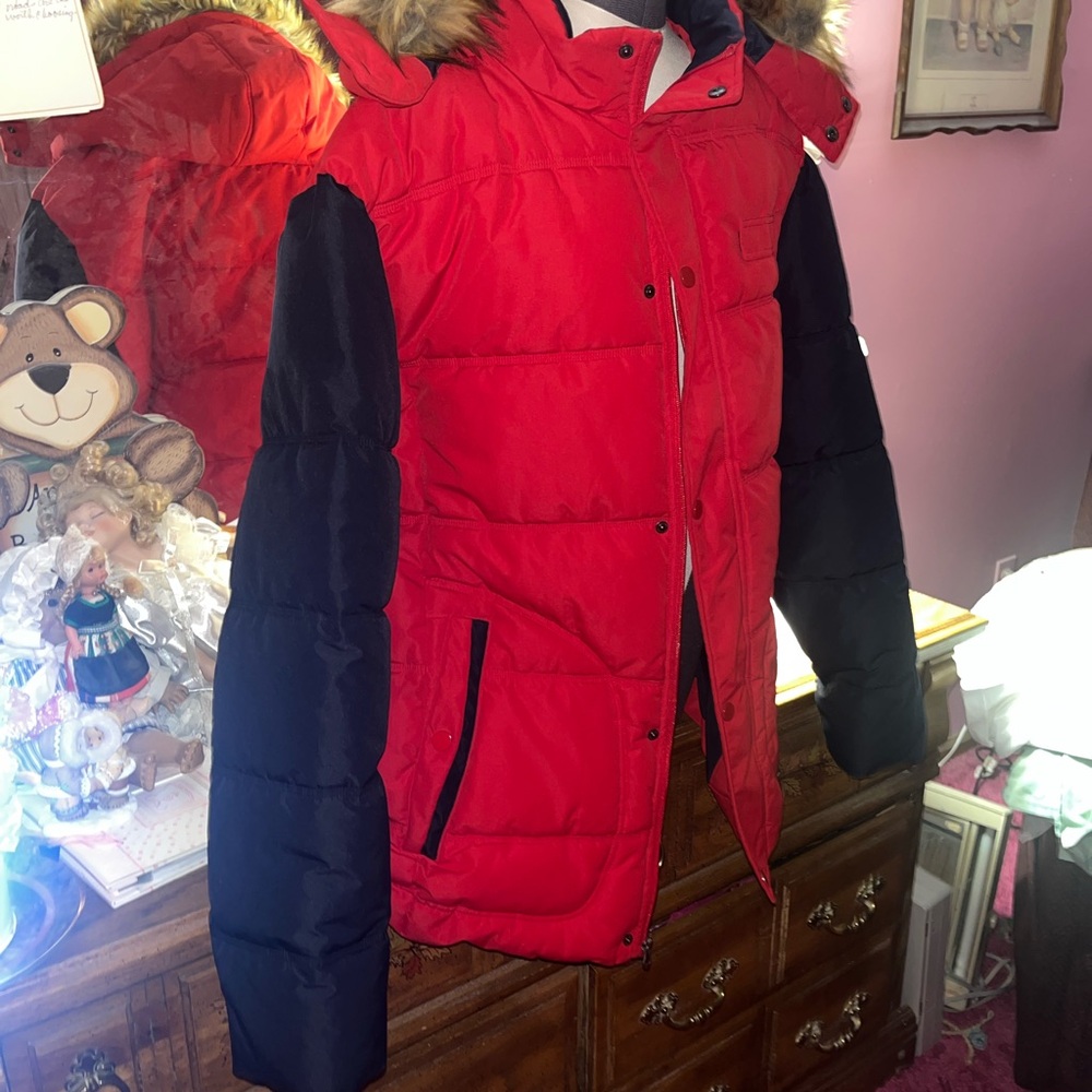 Men’s Red and Navy Blue Puffer Jacket with Fur  Detachable Hood